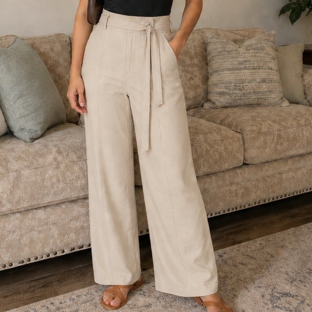 Mango MNG Casual Trousers M Beige 100% Lyocell Tie Waist Boho Minimalist Utility